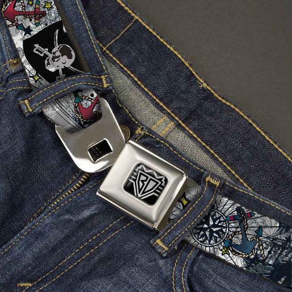 Buckle Down BD Wings Logo CLOSE-UP Full Color Black Silver Seatbelt Belt - Dead Men Tell No Tales CLOSE-UP White Webbing