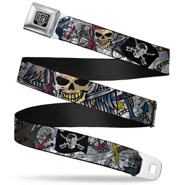 buckle down BD Wings Logo CLOSE-UP Full Color Black Silver Seatbelt Belt - Dead Men Tell No Tales CLOSE-UP White Webbing