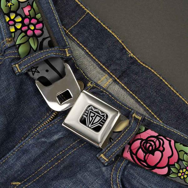 Buckle Down BD Wings Logo CLOSE-UP Full Color Black Silver Seatbelt Belt - Dad & Dad Gray Webbing