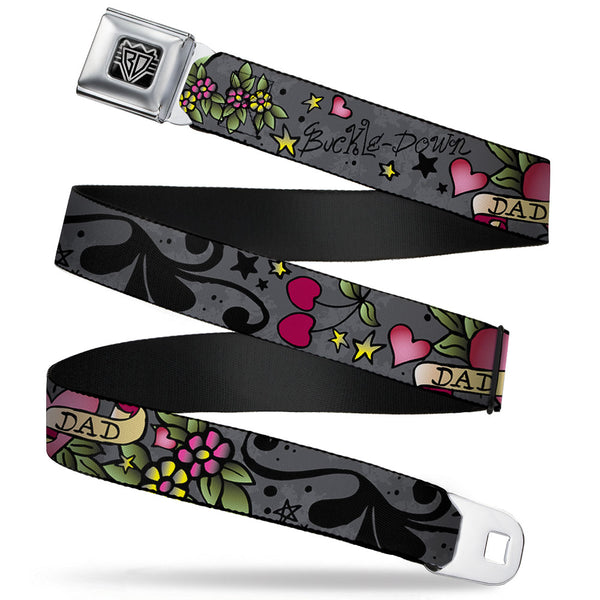 buckle down BD Wings Logo CLOSE-UP Full Color Black Silver Seatbelt Belt - Dad & Dad Gray Webbing