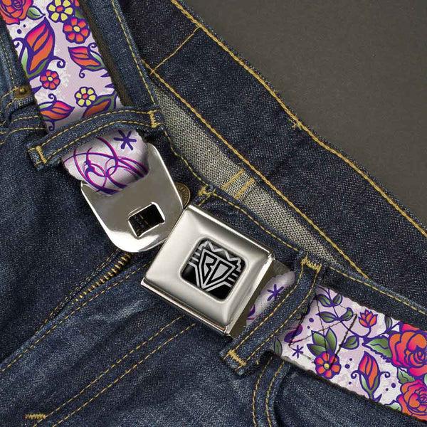 Buckle Down BD Wings Logo CLOSE-UP Full Color Black Silver Seatbelt Belt - Born To Blossom Blue Webbing