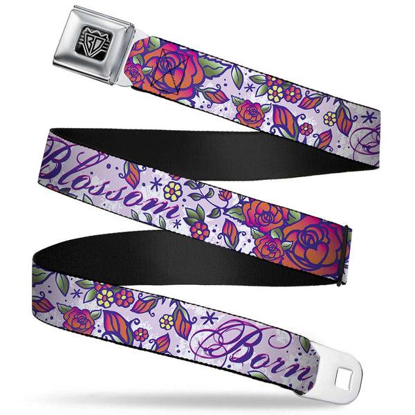 buckle down BD Wings Logo CLOSE-UP Full Color Black Silver Seatbelt Belt - Born to Blossom Blue Webbing
