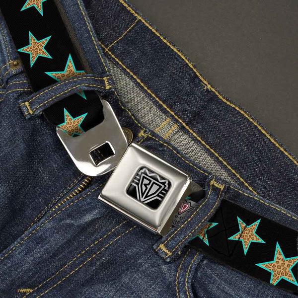 Buckle Down BD Wings Logo CLOSE-UP Full Color Black Silver Seatbelt Belt - Multi Stars Black/Leopard/Baby Blue Outline Webbing