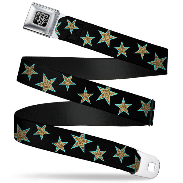 buckle down BD Wings Logo CLOSE-UP Full Color Black Silver Seatbelt Belt - Multi Stars Black/Leopard/Baby Blue Outline Webbing