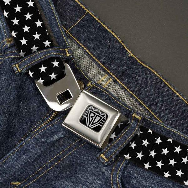Buckle Down BD Wings Logo CLOSE-UP Full Color Black Silver Seatbelt Belt - Mini Stars3 Black/White Webbing