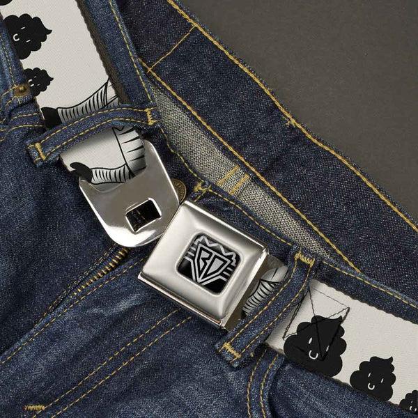 Buckle Down BD Wings Logo CLOSE-UP Full Color Black Silver Seatbelt Belt - Zebra Poops Off-White/Black Webbing