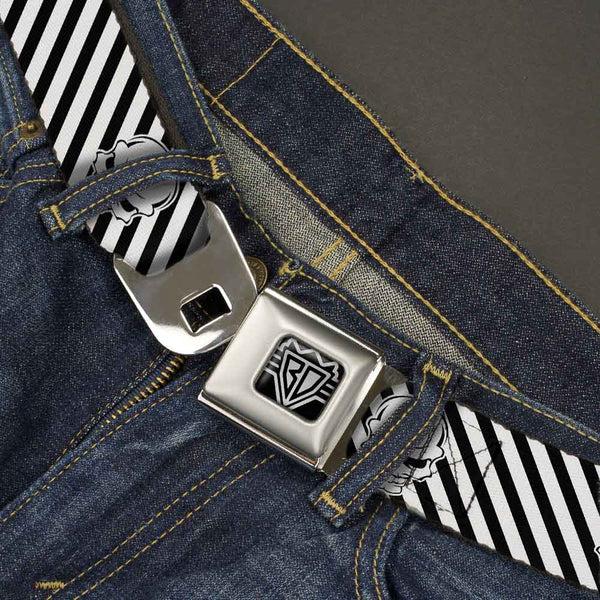 Buckle Down BD Wings Logo CLOSE-UP Full Color Black Silver Seatbelt Belt - Metal Skull Black/White Webbing