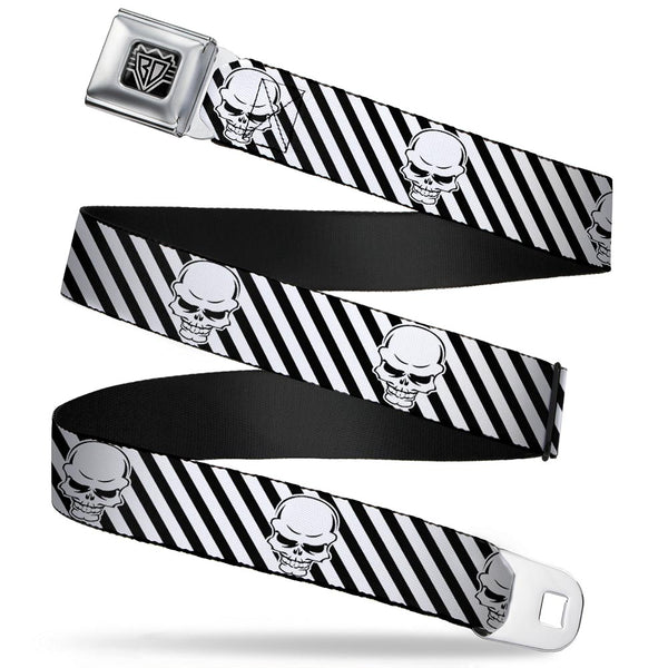buckle down BD Wings Logo CLOSE-UP Full Color Black Silver Seatbelt Belt - Metal Skull Black/White Webbing