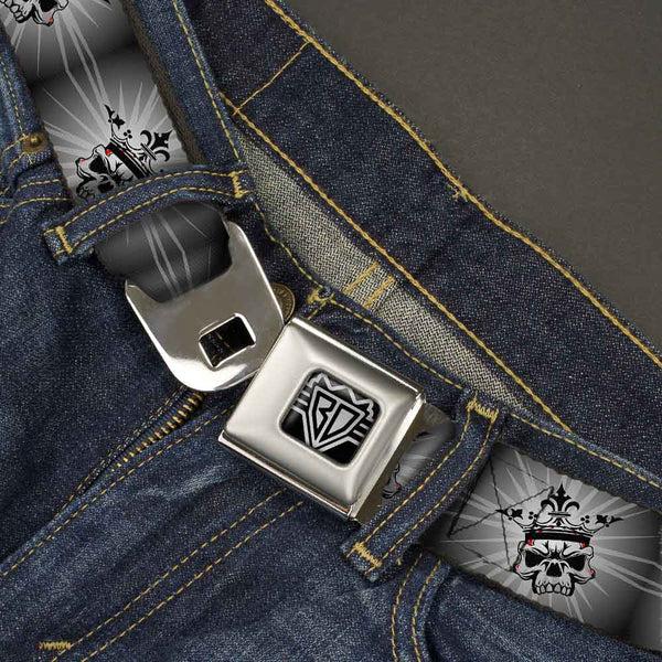Buckle Down BD Wings Logo CLOSE-UP Full Color Black Silver Seatbelt Belt - King Skull Blocks/Rays Grays Webbing
