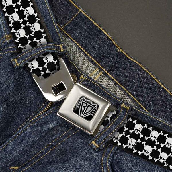 Buckle Down BD Wings Logo CLOSE-UP Full Color Black Silver Seatbelt Belt - Top Skulls Black/White Webbing