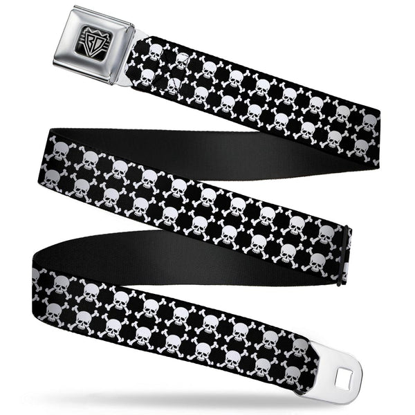 buckle down BD Wings Logo CLOSE-UP Full Color Black Silver Seatbelt Belt - Top Skulls Black/White Webbing