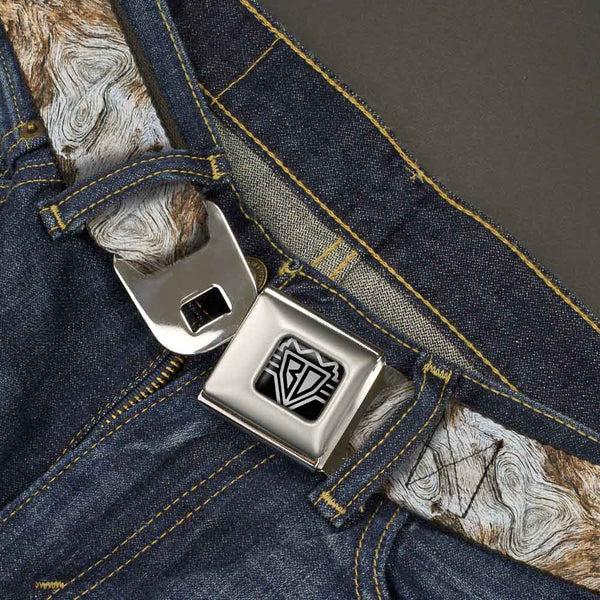 Buckle Down BD Wings Logo CLOSE-UP Full Color Black Silver Seatbelt Belt - Driftwood Grain Webbing