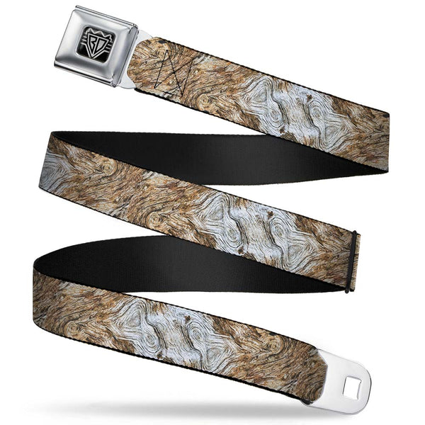 buckle down BD Wings Logo CLOSE-UP Full Color Black Silver Seatbelt Belt - Driftwood Grain Webbing