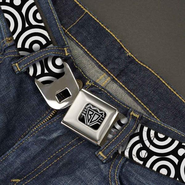 Buckle Down BD Wings Logo CLOSE-UP Full Color Black Silver Seatbelt Belt - Bullseye Stacked Black/White Webbing