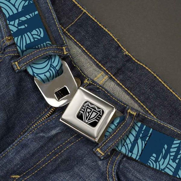 Buckle Down BD Wings Logo CLOSE-UP Full Color Black Silver Seatbelt Belt - Doodle1/Paint Drips Blues Webbing