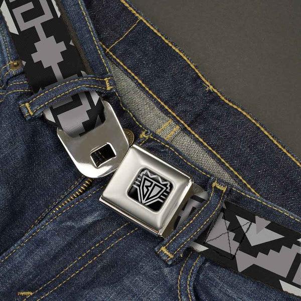 Buckle Down BD Wings Logo CLOSE-UP Full Color Black Silver Seatbelt Belt - Navajo2 Black/Gray Webbing