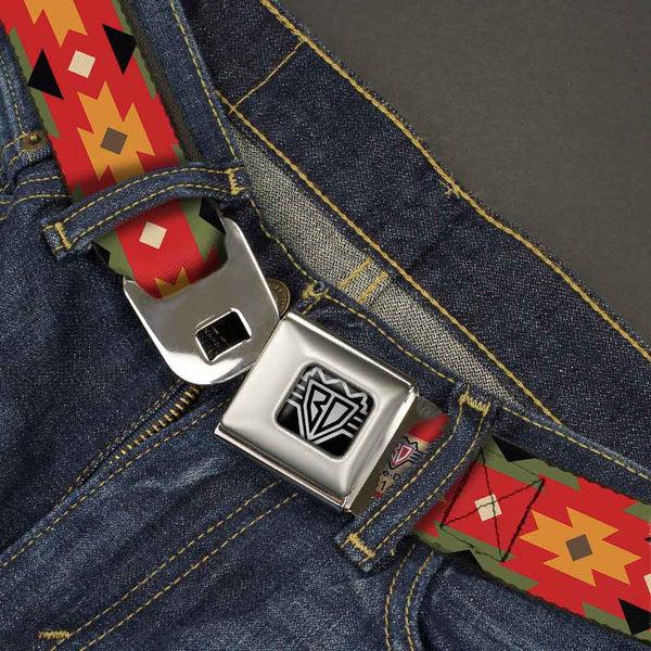 Buckle Down BD Wings Logo CLOSE-UP Full Color Black Silver Seatbelt Belt - Navajo Tan/Rust/Olive/Black Webbing