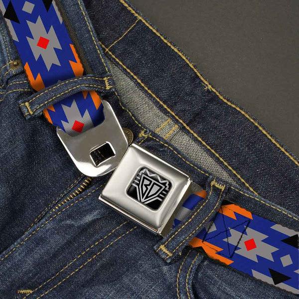 Buckle Down BD Wings Logo CLOSE-UP Full Color Black Silver Seatbelt Belt - Navajo Gray/Blue/Orange/Black Webbing