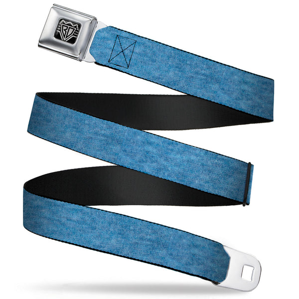 buckle down BD Wings Logo CLOSE-UP Full Color Black Silver Seatbelt Belt - Heather Blue Webbing