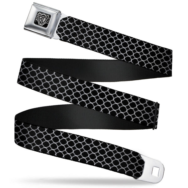 buckle down BD Wings Logo CLOSE-UP Full Color Black Silver Seatbelt Belt - Fishnet Stocking Black/White Webbing