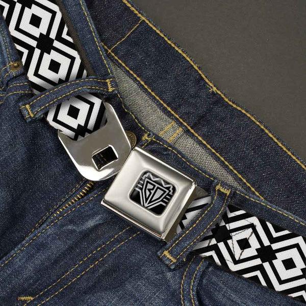Buckle Down BD Wings Logo CLOSE-UP Full Color Black Silver Seatbelt Belt - Aztec2 White/Black Webbing