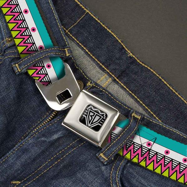 Buckle Down BD Wings Logo CLOSE-UP Full Color Black Silver Seatbelt Belt - Aztec14 Seafoam Green/White/Pink/Lime Green/Black Webbing