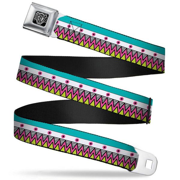 buckle down BD Wings Logo CLOSE-UP Full Color Black Silver Seatbelt Belt - Aztec14 Seafoam Green/White/Pink/Lime Green/Black Webbing