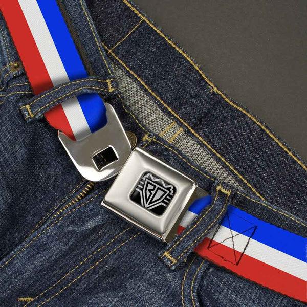 Buckle Down BD Wings Logo CLOSE-UP Full Color Black Silver Seatbelt Belt - Stripes Blue/White/Red Webbing