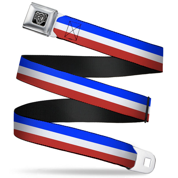 buckle down BD Wings Logo CLOSE-UP Full Color Black Silver Seatbelt Belt - Stripes Blue/White/Red Webbing