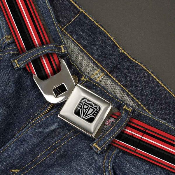 Buckle Down BD Wings Logo CLOSE-UP Full Color Black Silver Seatbelt Belt - Stripes Red/Black/White Webbing