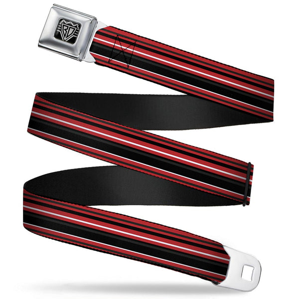 buckle down BD Wings Logo CLOSE-UP Full Color Black Silver Seatbelt Belt - Stripes Red/Black/White Webbing