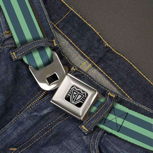 Buckle Down BD Wings Logo CLOSE-UP Full Color Black Silver Seatbelt Belt - Stripes Pastel Green/Olive Webbing