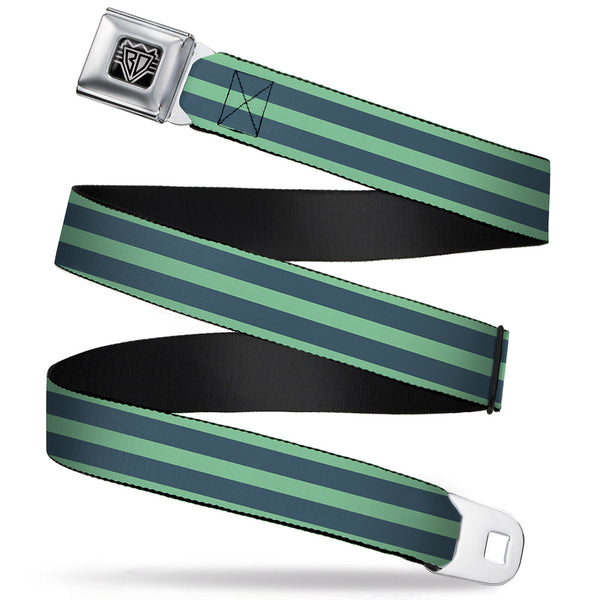 buckle down BD Wings Logo CLOSE-UP Full Color Black Silver Seatbelt Belt - Stripes Pastel Green/Olive Webbing