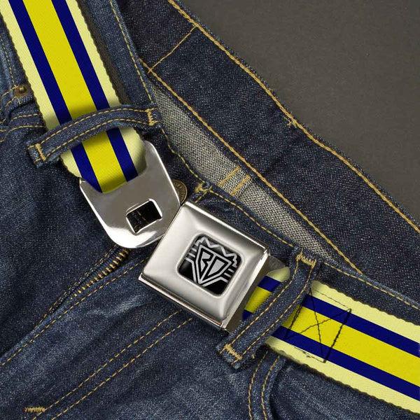 Buckle Down BD Wings Logo CLOSE-UP Full Color Black Silver Seatbelt Belt - Stripes Light Yellow/Navy/Yellow Webbing