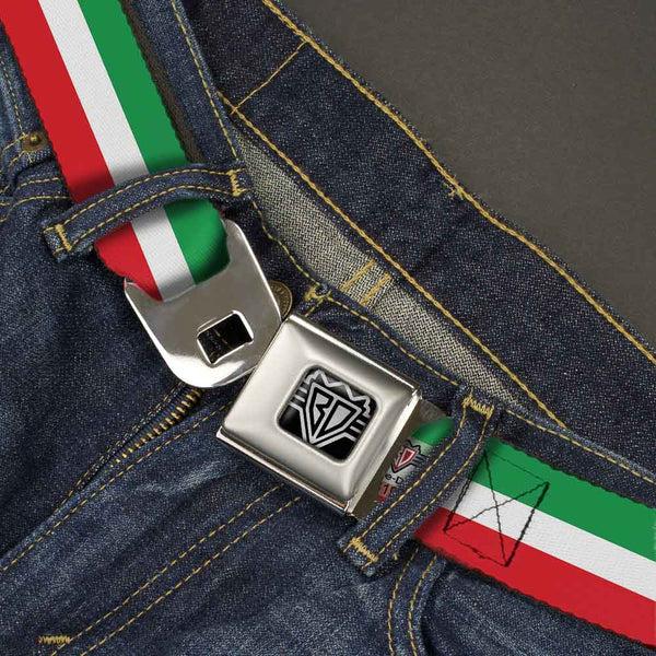 Buckle Down BD Wings Logo CLOSE-UP Full Color Black Silver Seatbelt Belt - Stripes Green/White/Red Webbing