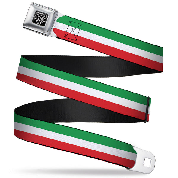 buckle down BD Wings Logo CLOSE-UP Full Color Black Silver Seatbelt Belt - Stripes Green/White/Red Webbing