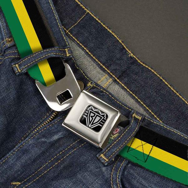 Buckle Down BD Wings Logo CLOSE-UP Full Color Black Silver Seatbelt Belt - Stripes Black/Yellow/Green Webbing