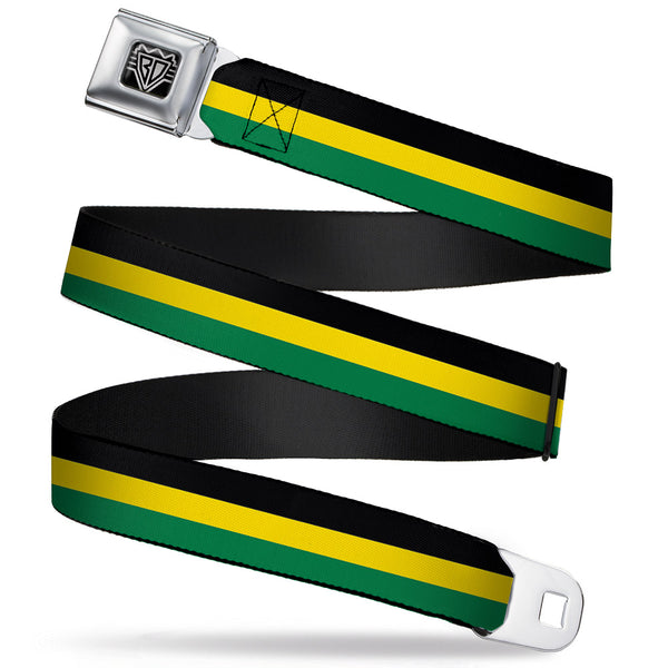 buckle down BD Wings Logo CLOSE-UP Full Color Black Silver Seatbelt Belt - Stripes Black/Yellow/Green Webbing