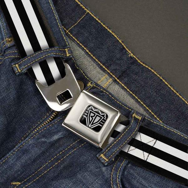 Buckle Down BD Wings Logo CLOSE-UP Full Color Black Silver Seatbelt Belt - Stripes 3Black/2White Webbing