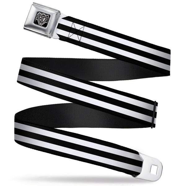 buckle down BD Wings Logo CLOSE-UP Full Color Black Silver Seatbelt Belt - Stripes 3Black/2White Webbing