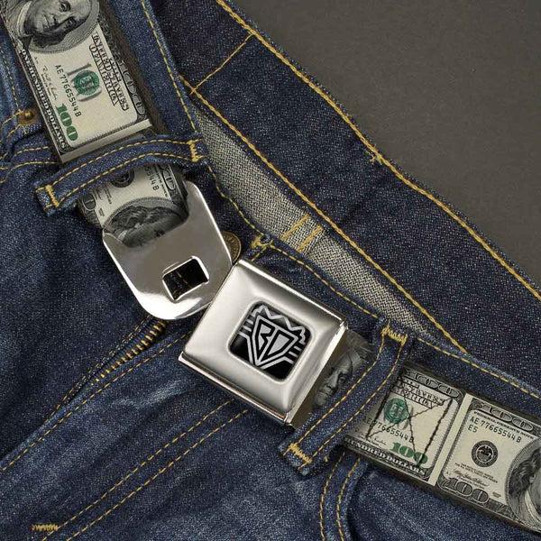 Buckle Down BD Wings Logo CLOSE-UP Full Color Black Silver Seatbelt Belt - 100 Dollar Bills Webbing