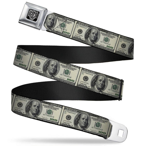 buckle down BD Wings Logo CLOSE-UP Full Color Black Silver Seatbelt Belt - 100 Dollar Bills Webbing buckle down BD Wings Logo CLOSE-UP Full Color Black Silver Seatbelt Belt - 100 Dollar Bills Webbing