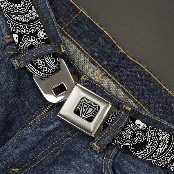 Buckle Down BD Wings Logo CLOSE-UP Full Color Black Silver Seatbelt Belt - Bandana/Skulls Black/White Webbing