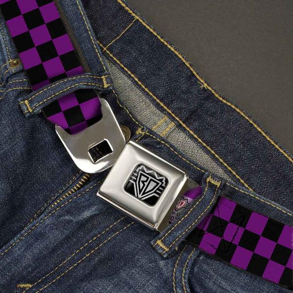 Buckle Down BD Wings Logo CLOSE-UP Full Color Black Silver Seatbelt Belt - Checker Black/Purple Webbing