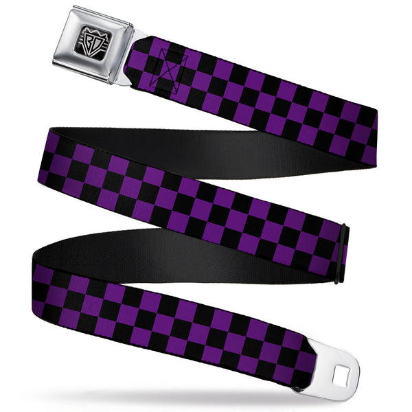 buckle down BD Wings Logo CLOSE-UP Full Color Black Silver Seatbelt Belt - Checker Black/Purple Webbing buckle down BD Wings Logo CLOSE-UP Full Color Black Silver Seatbelt Belt - Checker Black/Purple Webbing
