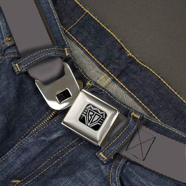 Buckle Down BD Wings Logo CLOSE-UP Full Color Black Silver Seatbelt Belt - Charcoal Webbing