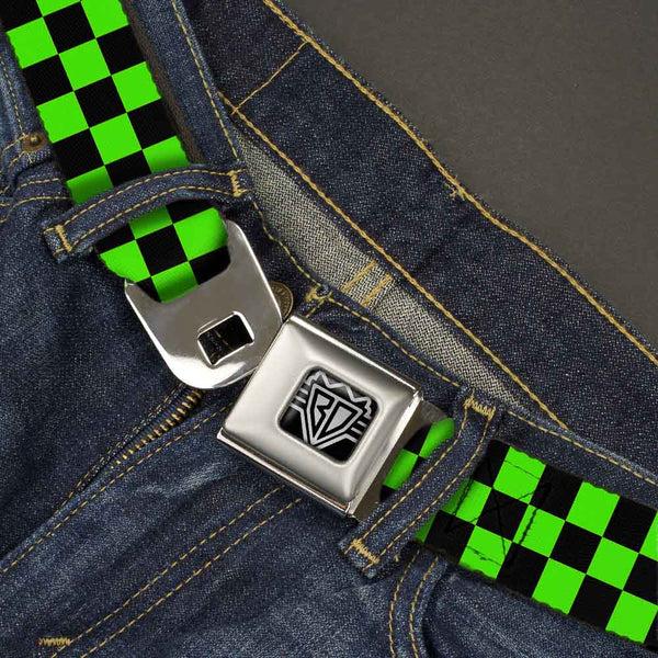 Buckle Down BD Wings Logo CLOSE-UP Full Color Black Silver Seatbelt Belt - Checker Black/Neon Green Webbing