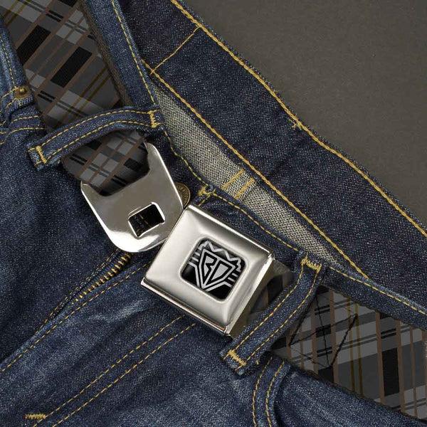 Buckle Down BD Wings Logo CLOSE-UP Full Color Black Silver Seatbelt Belt - Plaid Gray/Black/Brown Webbing