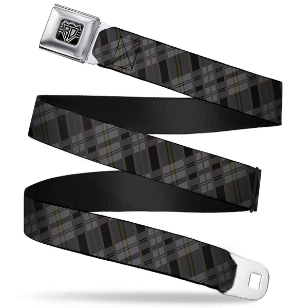 buckle down BD Wings Logo CLOSE-UP Full Color Black Silver Seatbelt Belt - Plaid Gray/Black/Brown Webbing