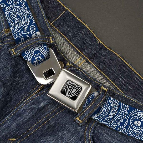 Buckle Down BD Wings Logo CLOSE-UP Full Color Black Silver Seatbelt Belt - Bandana/Skulls Royal/White Webbing